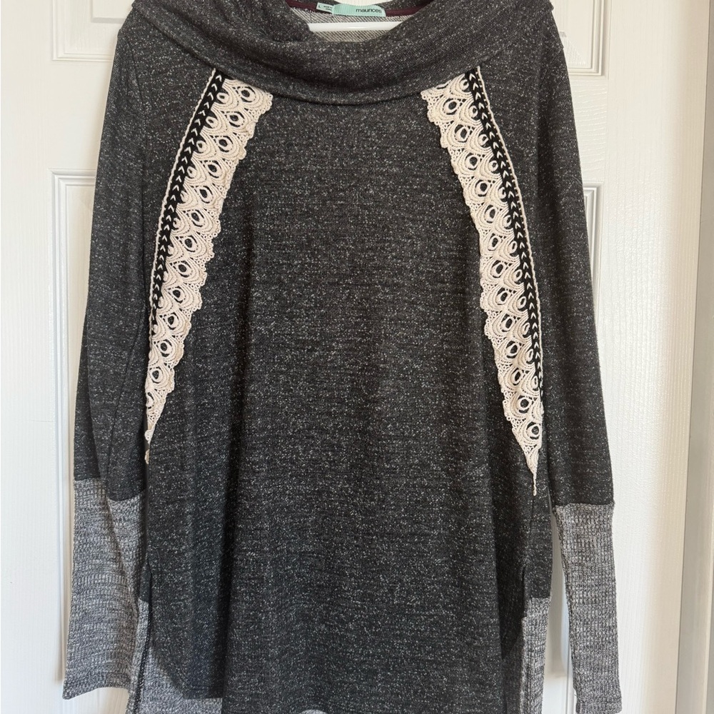 Maurices Charcoal Gray Cowl Neck Sweater with Lace Accents